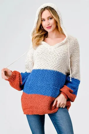 Multi Color Block Knit One Pocket Hooded Sweater /2-2-2