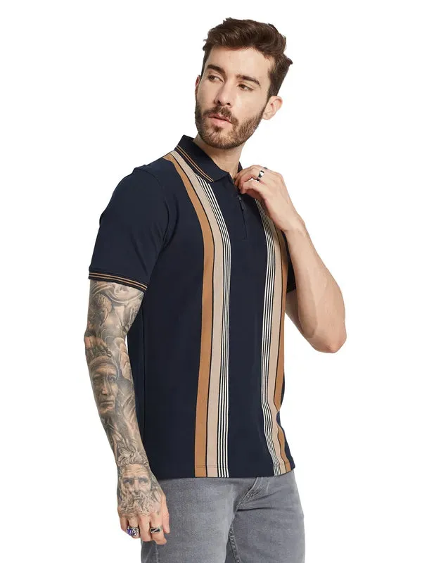 Octave Men Striped Polo Collar Applique T-Shirt