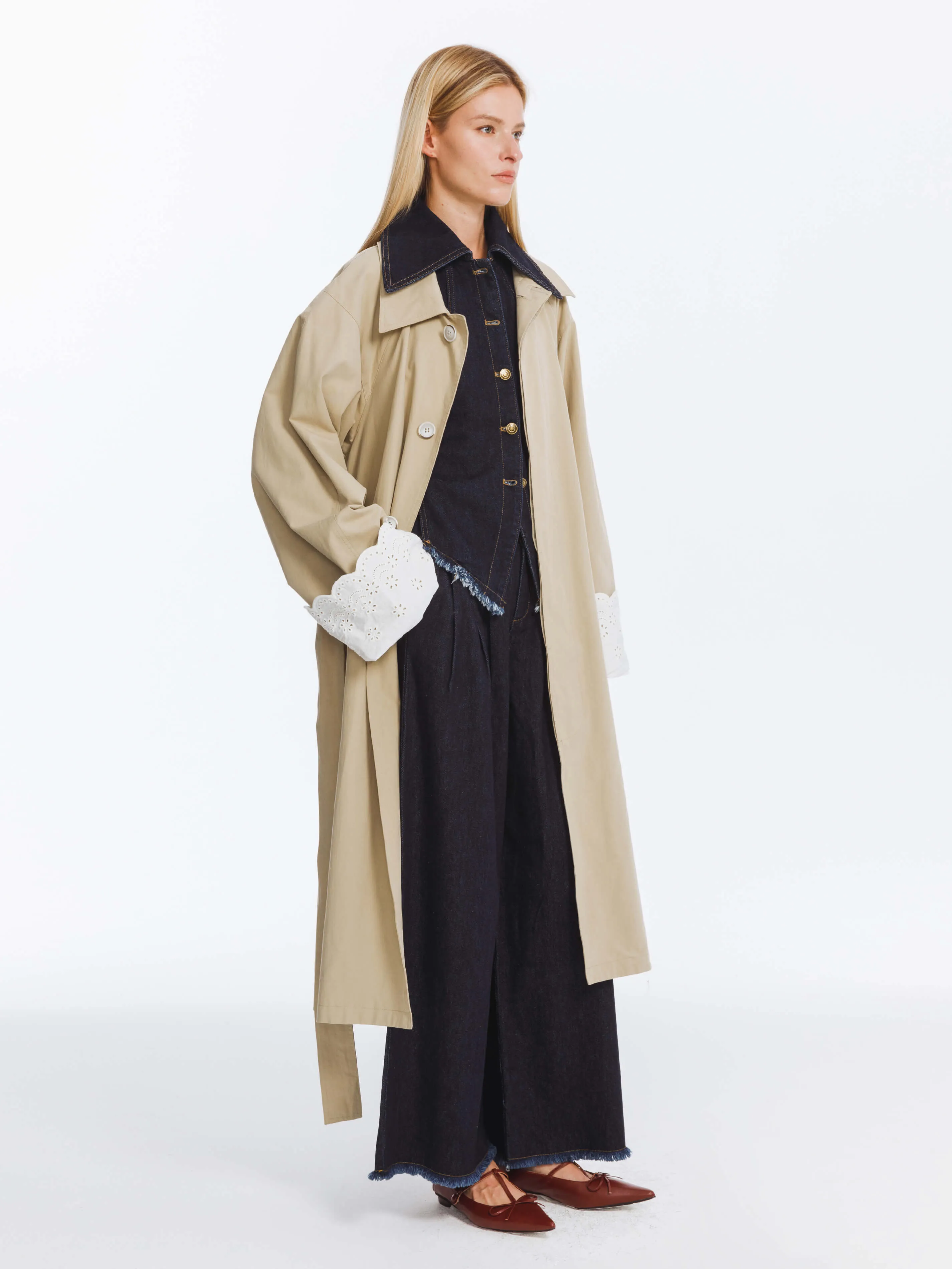 Oversized Thin Trench Coat with Lace Cuffs