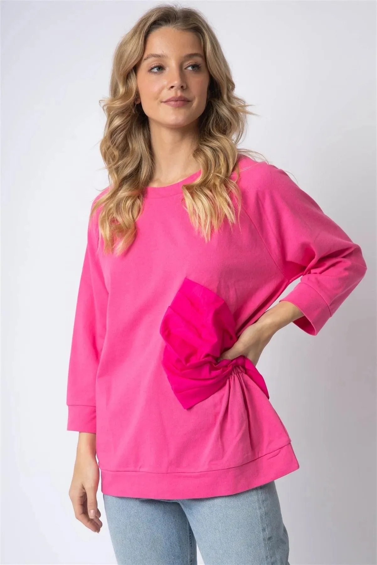 Pink Cotton Side Bow Detail Long Sleeve Top /1-1-1