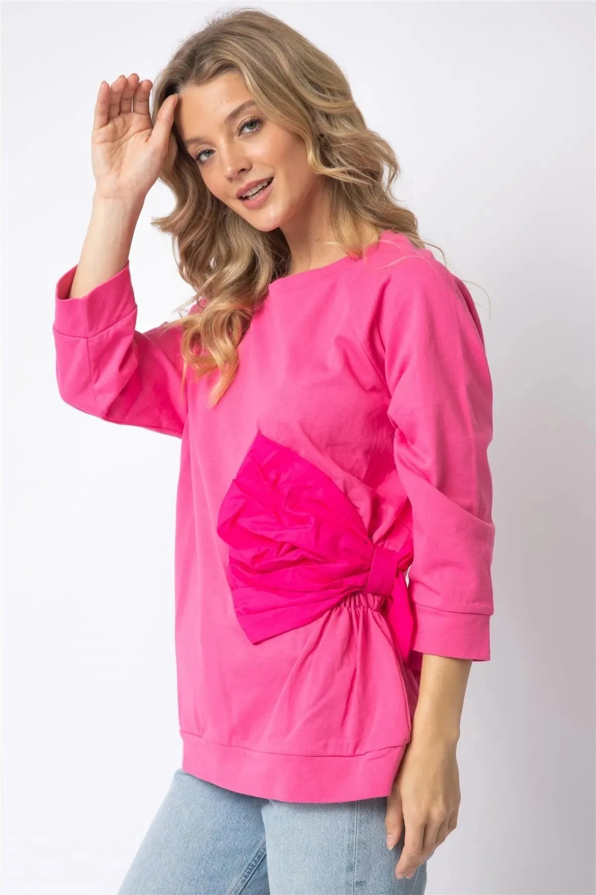 Pink Cotton Side Bow Detail Long Sleeve Top /1-1-1