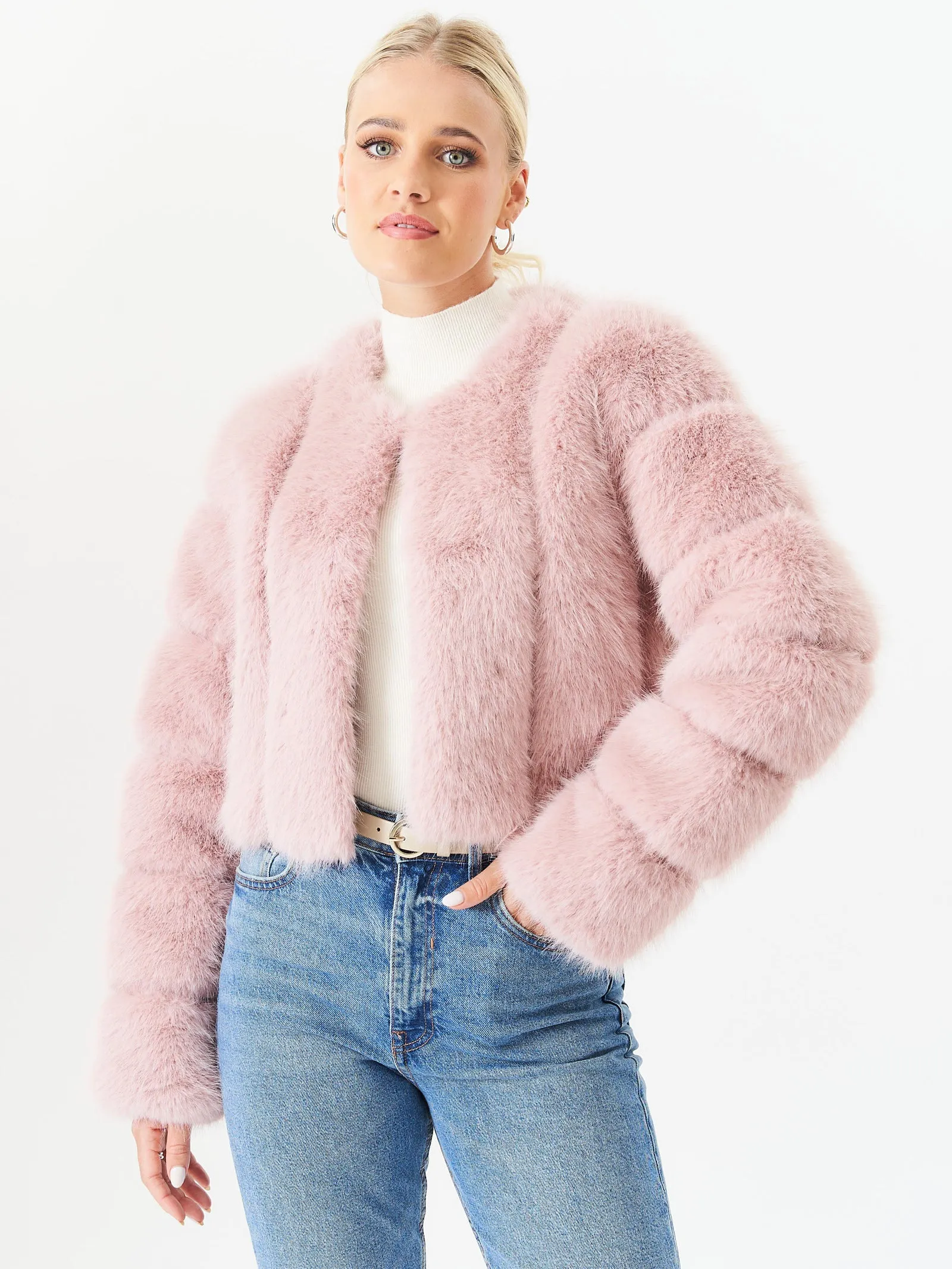 Pink Panel Faux Fur Crop Jacket