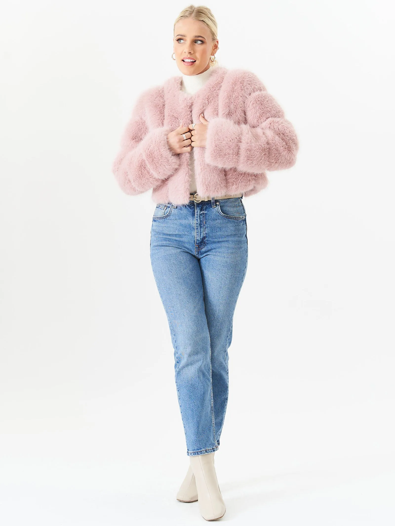 Pink Panel Faux Fur Crop Jacket