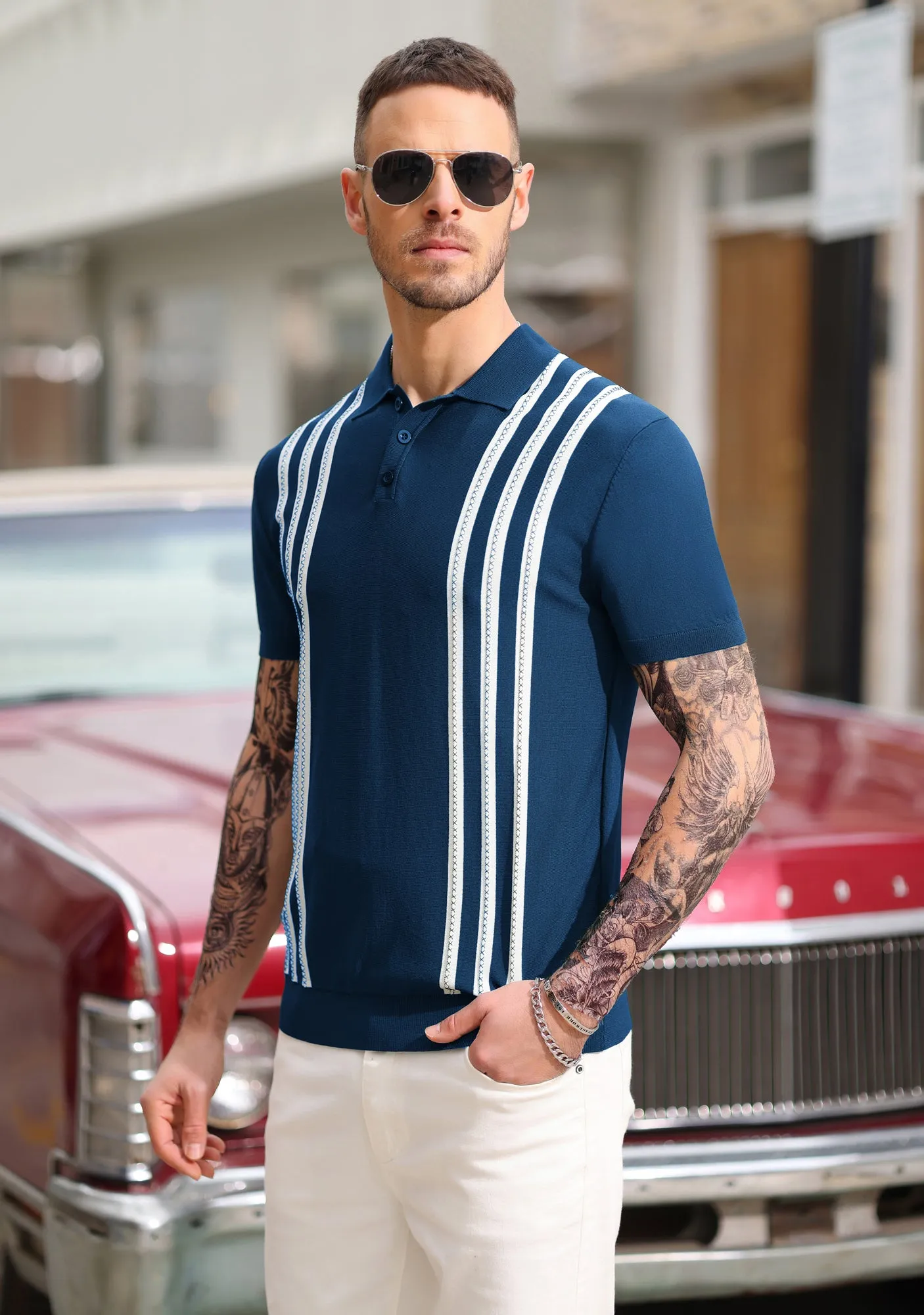 PJ Paul Jones Men's Vintage Stripe Knitted Polo Pullover Shirts Short Sleeve Golf Knit Mens Polo Shirt