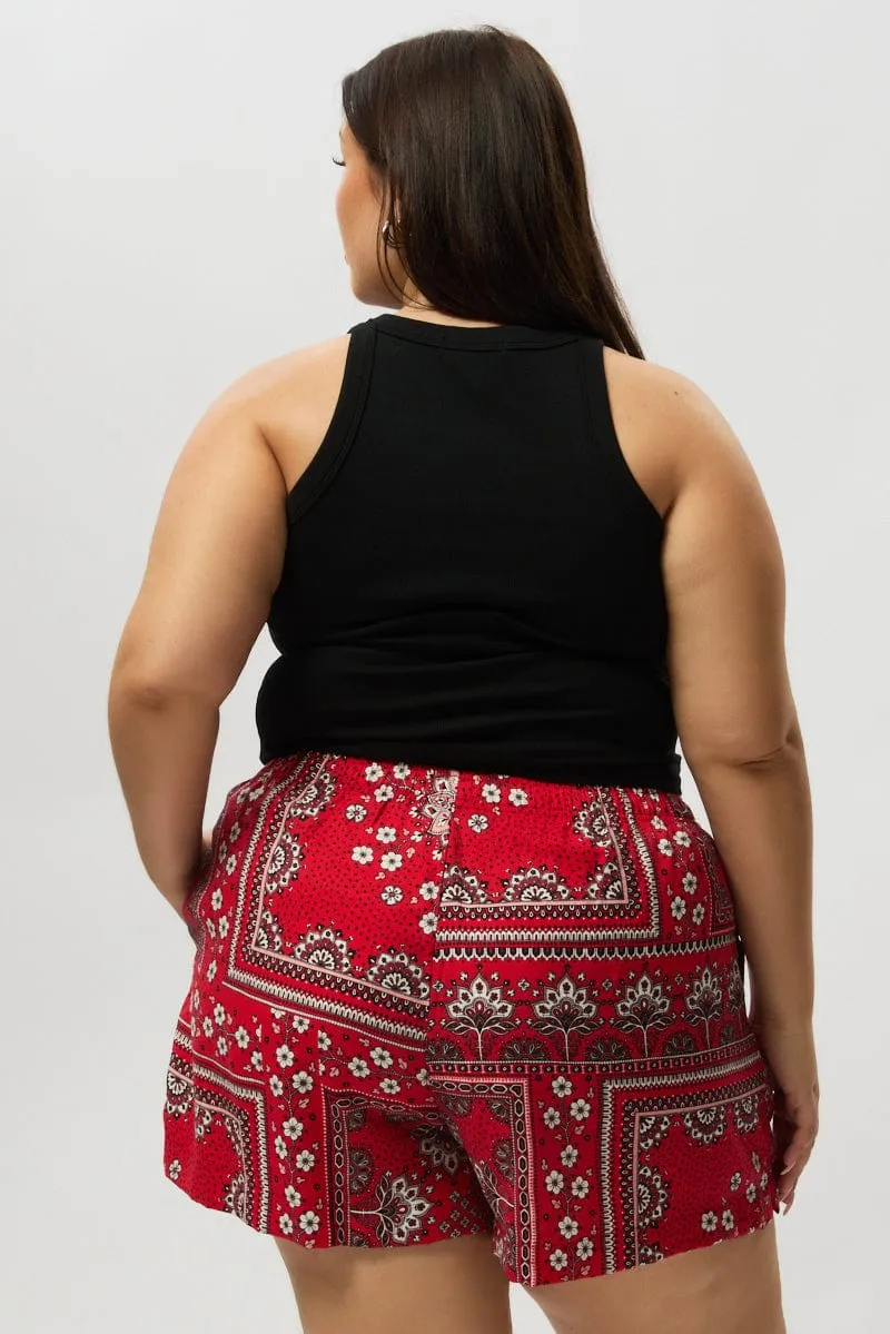 Red Boho Elastic Waist Shorts