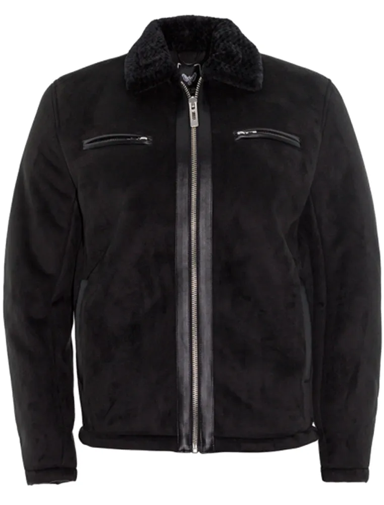 Rufus Faux Suede Fur Lined Aviator Jacket in Black