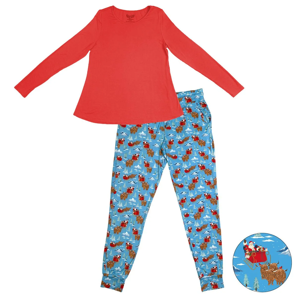 Santa & Highland Cattle Sleighs Women's Long Sleeve Pajama Set