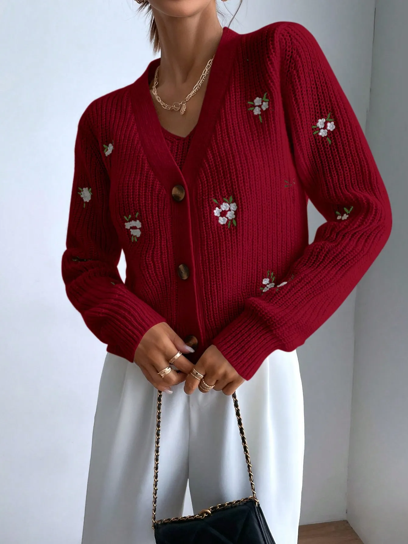 SHEIN Essnce Floral Embroidery Cardigan & Knit Top