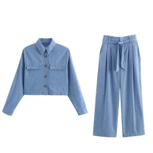 Tie Belt Palazzo Pants & Long-Sleeved Crop Shirt Matching Set