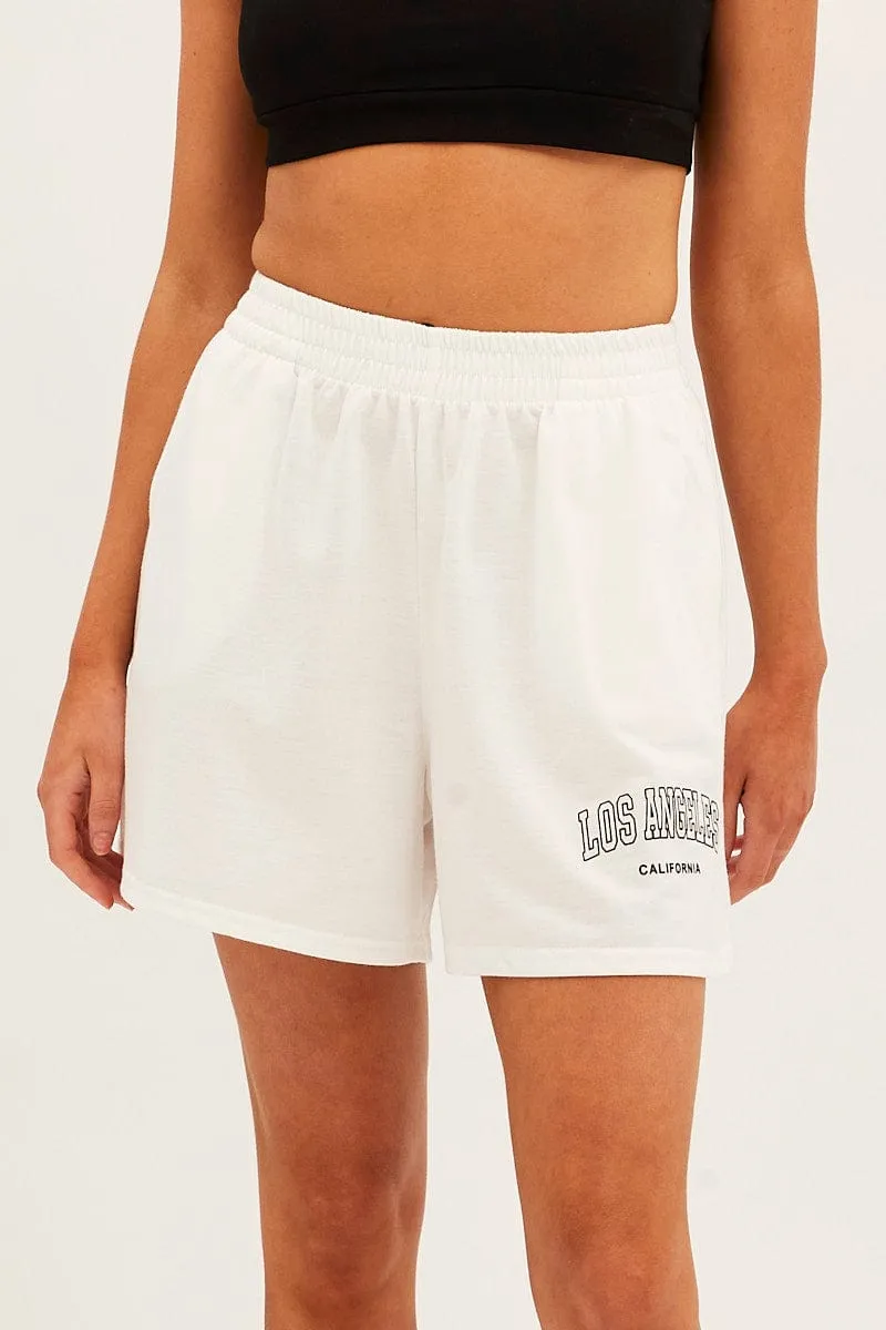 White Elastic Waist Biker Track Shorts