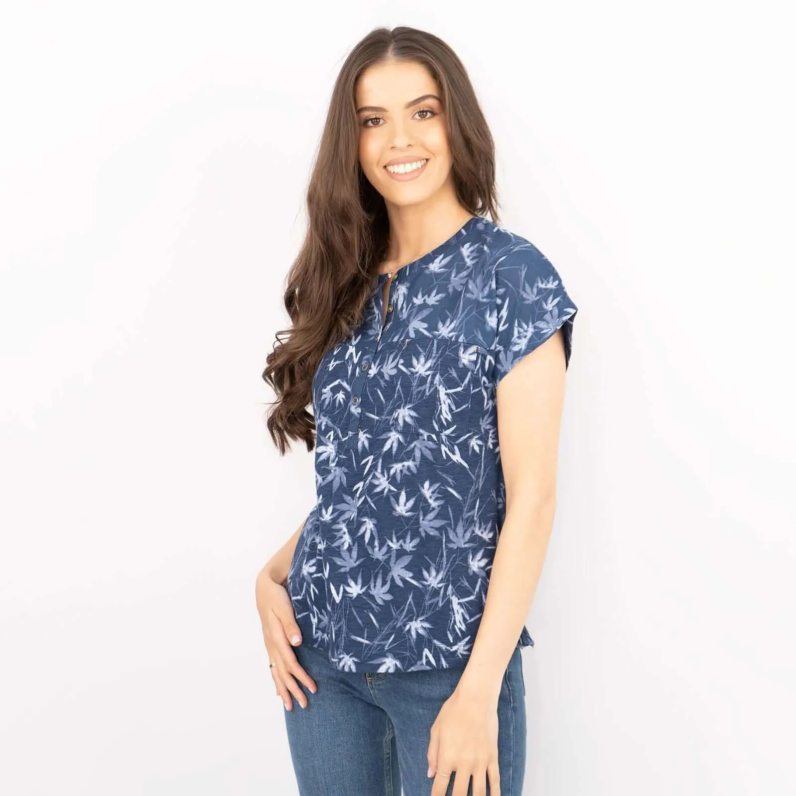 White Stuff Short Sleeve Blue Floral Print Relaxed Cotton Casual Summer Tops