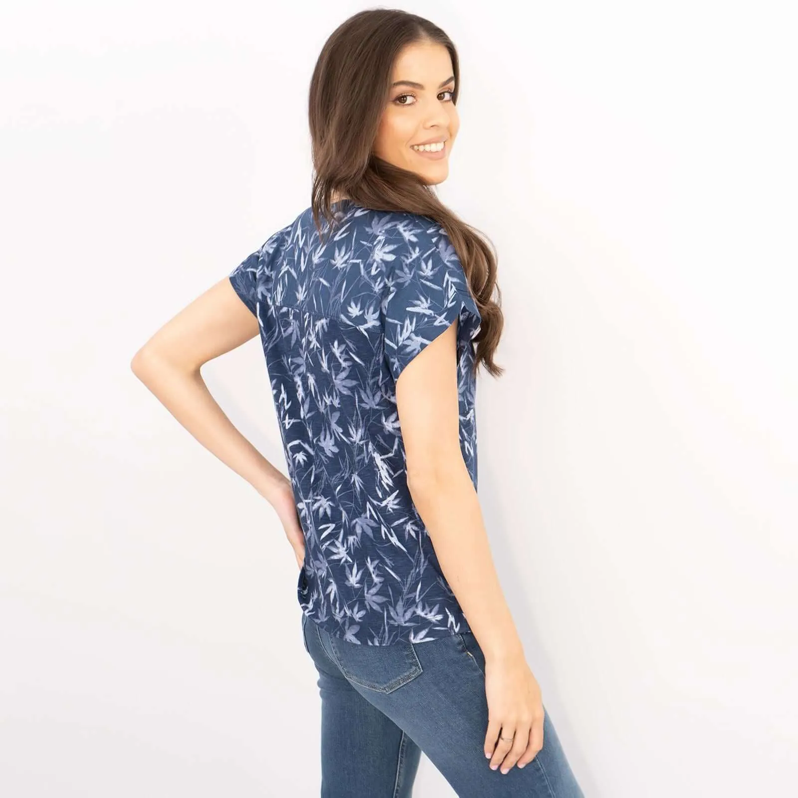 White Stuff Short Sleeve Blue Floral Print Relaxed Cotton Casual Summer Tops