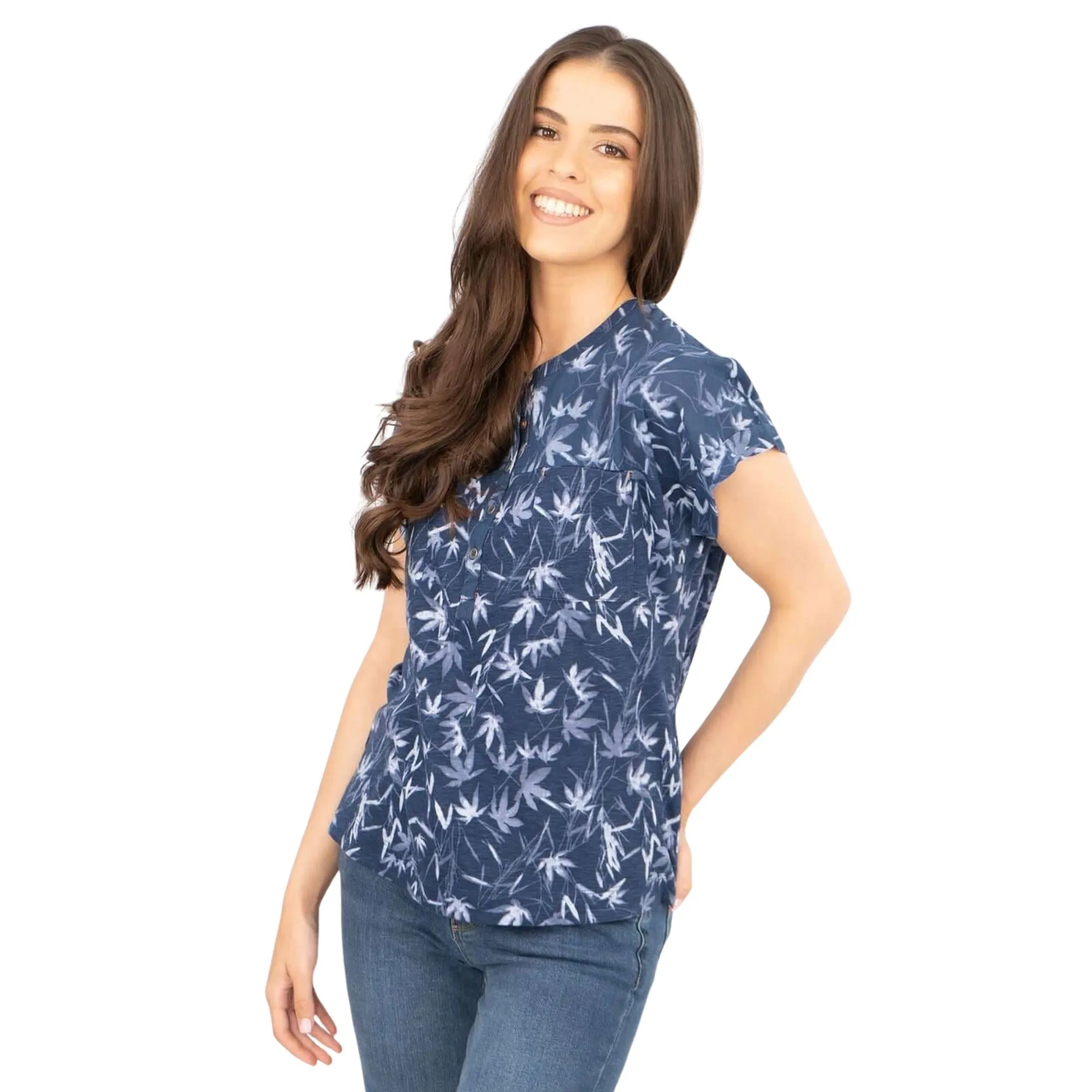 White Stuff Short Sleeve Blue Floral Print Relaxed Cotton Casual Summer Tops