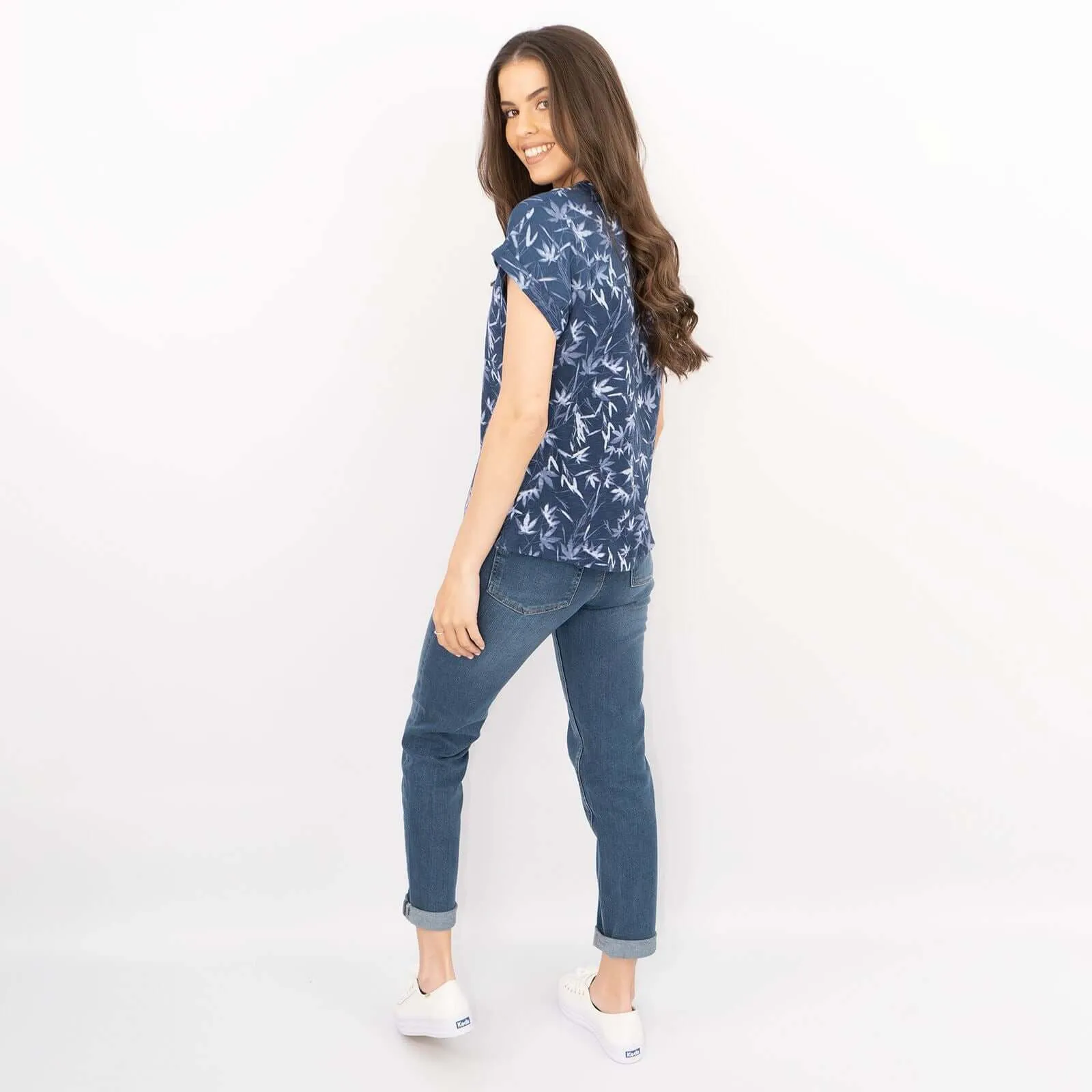 White Stuff Short Sleeve Blue Floral Print Relaxed Cotton Casual Summer Tops