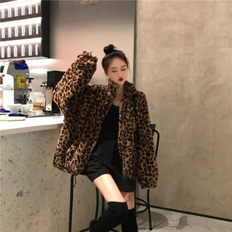 Winter Leopard Print Jacket Women's Stand collar Warm Parkas Outwear