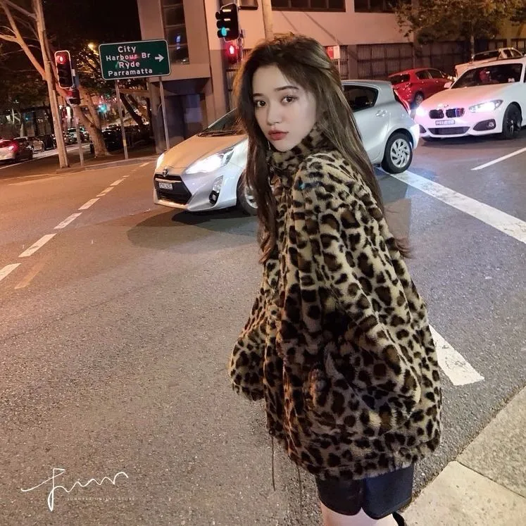 Winter Leopard Print Jacket Women's Stand collar Warm Parkas Outwear