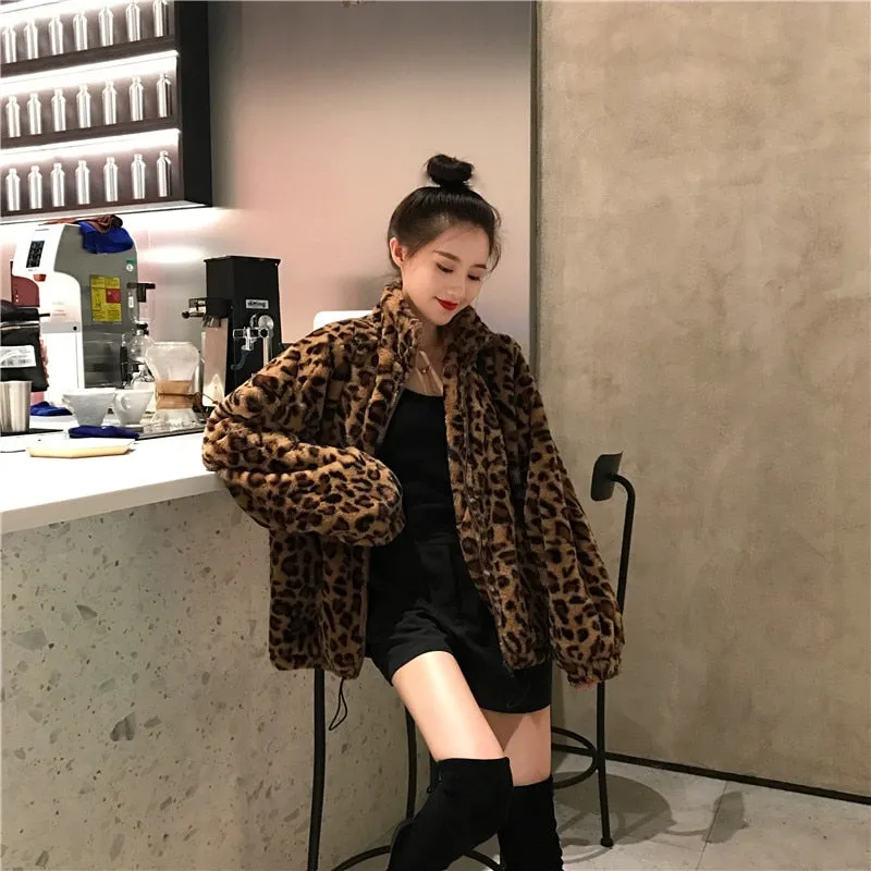 Winter Leopard Print Jacket Women's Stand collar Warm Parkas Outwear