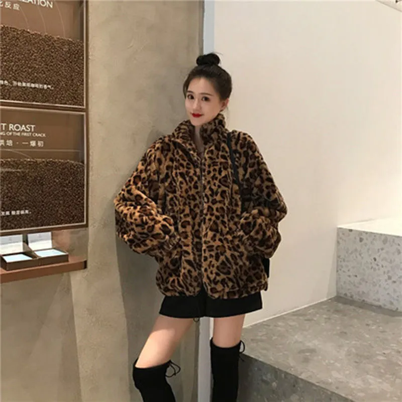 Winter Leopard Print Jacket Women's Stand collar Warm Parkas Outwear