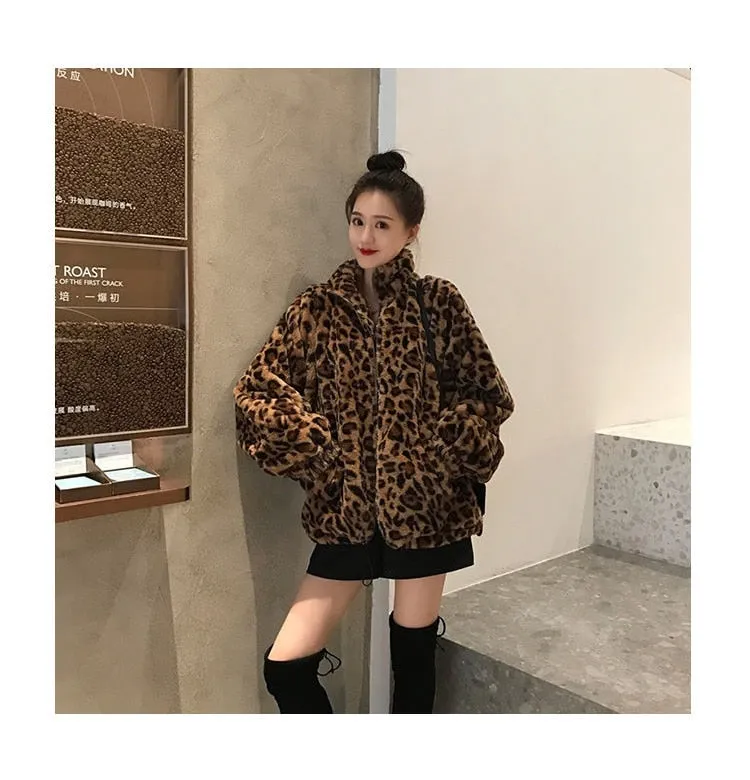 Winter Leopard Print Jacket Women's Stand collar Warm Parkas Outwear