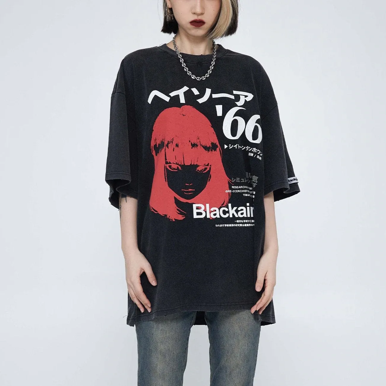 WLS Japanese Kanji Cartoon Girl Washed Graphic Tee