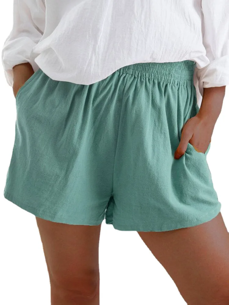 Women Casual Solid Color Elastic Waist Pocket Shorts