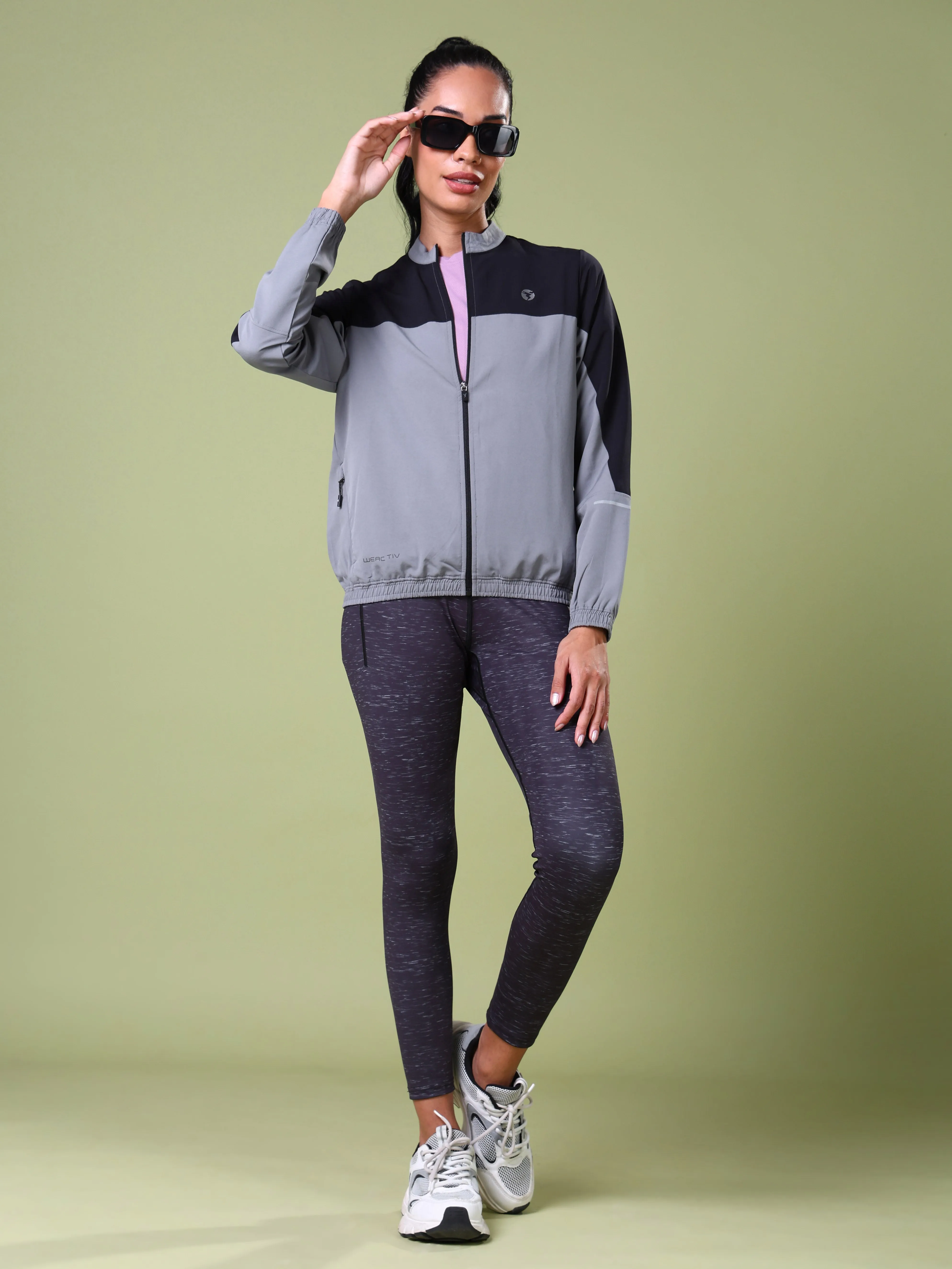 Women Colorblock Slim Fit Mock Neck Sports Jacket with TECHNOLITE