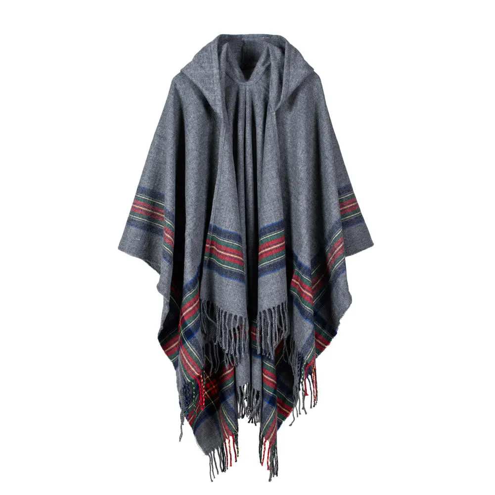 Women Knitted Poncho Cape Hooded Stripe Oversized Cardigan Sweater Long Shawl Scarf Cashmere Pashmina