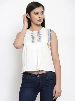 Women White Sleeveless Embroidered Top