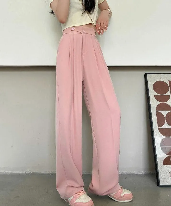 Women's High Waist Wide Leg Office Trousers | White Straight Stacked Pants with Pockets