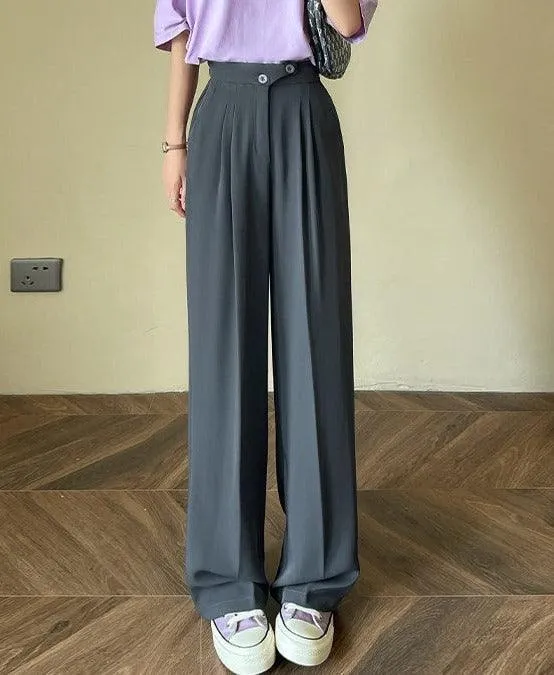 Women's High Waist Wide Leg Office Trousers | White Straight Stacked Pants with Pockets