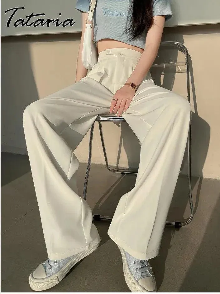 Women's High Waist Wide Leg Office Trousers | White Straight Stacked Pants with Pockets