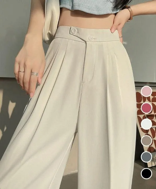 Women's High Waist Wide Leg Office Trousers | White Straight Stacked Pants with Pockets