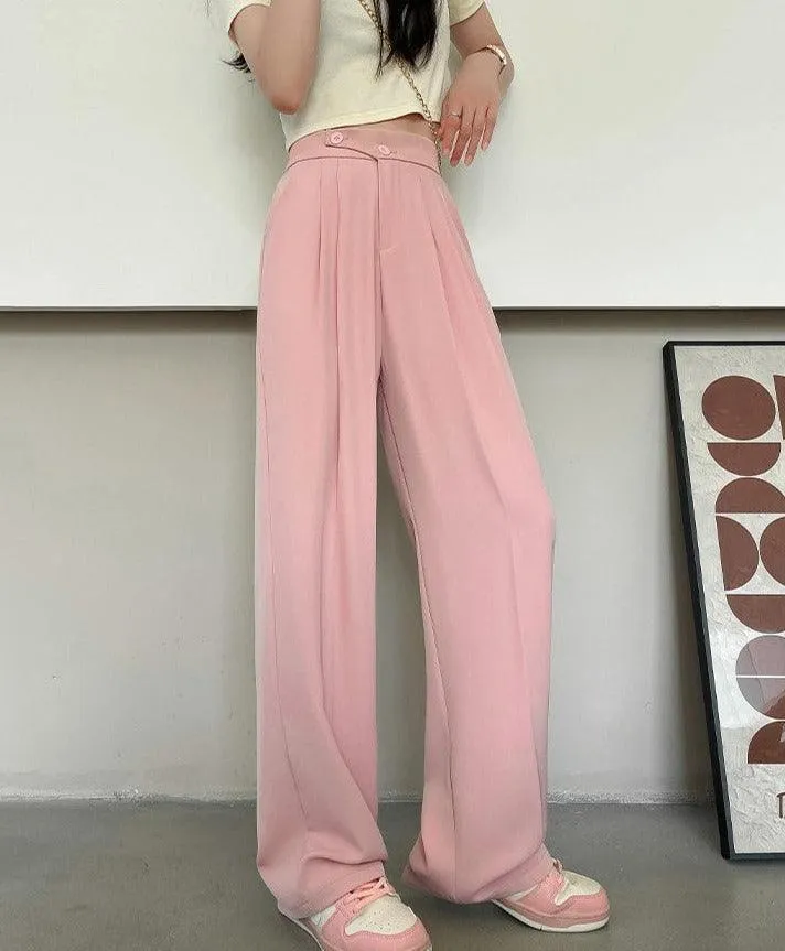 Women's High Waist Wide Leg Office Trousers | White Straight Stacked Pants with Pockets